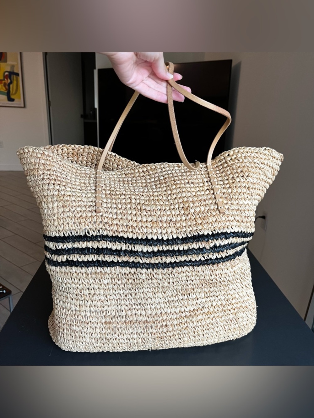 Hat Attack Luxe Stripe Tote 100% Raffia Natural/Black LARGE Summer Beach Boho - Picture 7 of 12